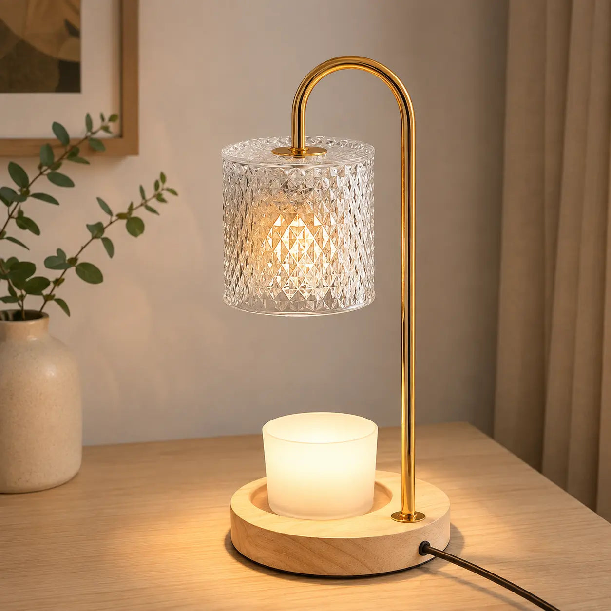 Adjustable Glass Candle Warmer Lamp with Timer & Dimmer, Wooden Base Wax Melt Lamp