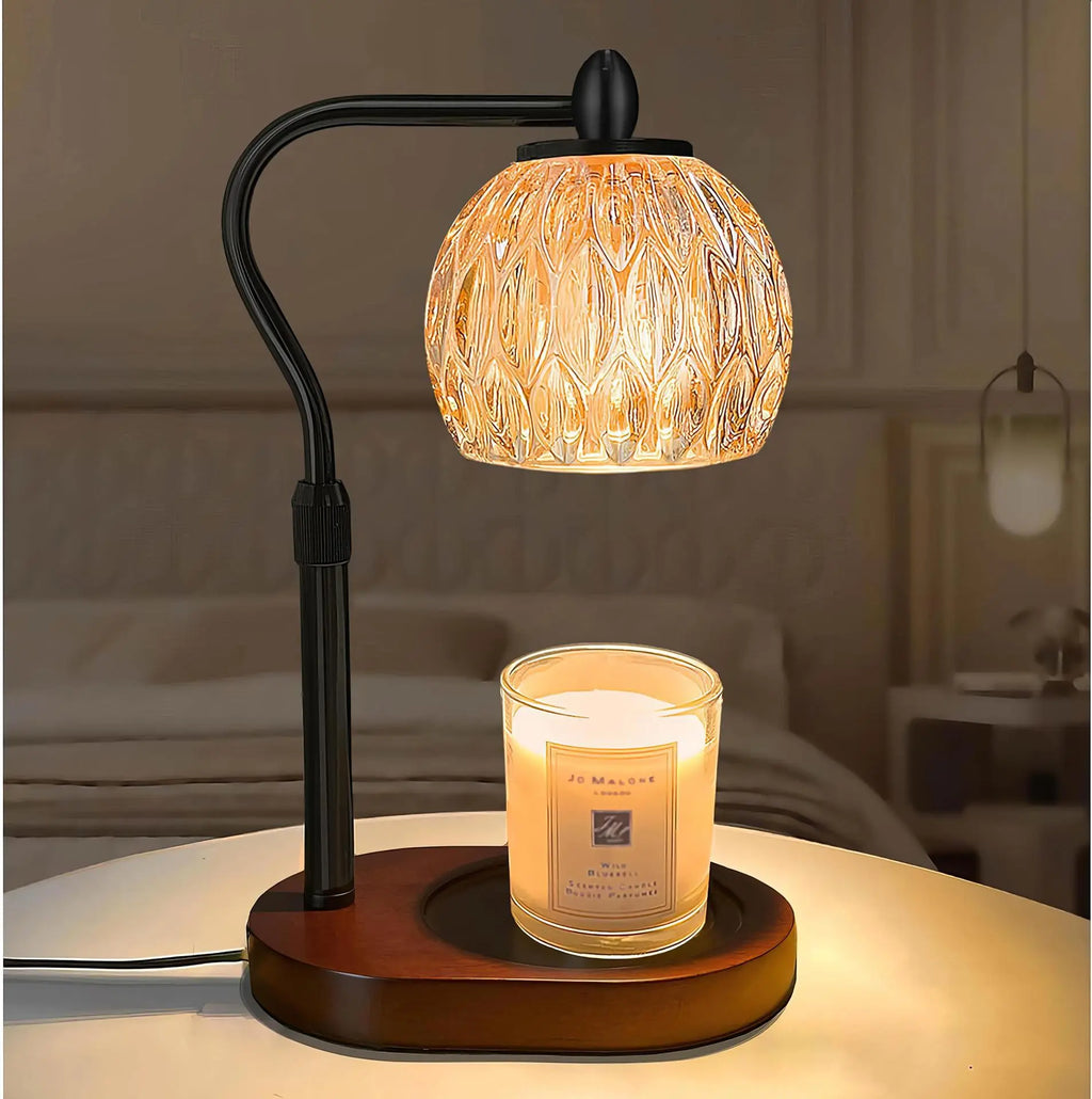 Adjustable Glass Candle Warmer Lamp with Timer & Dimmer, Wooden Base Wax Melt Lamp