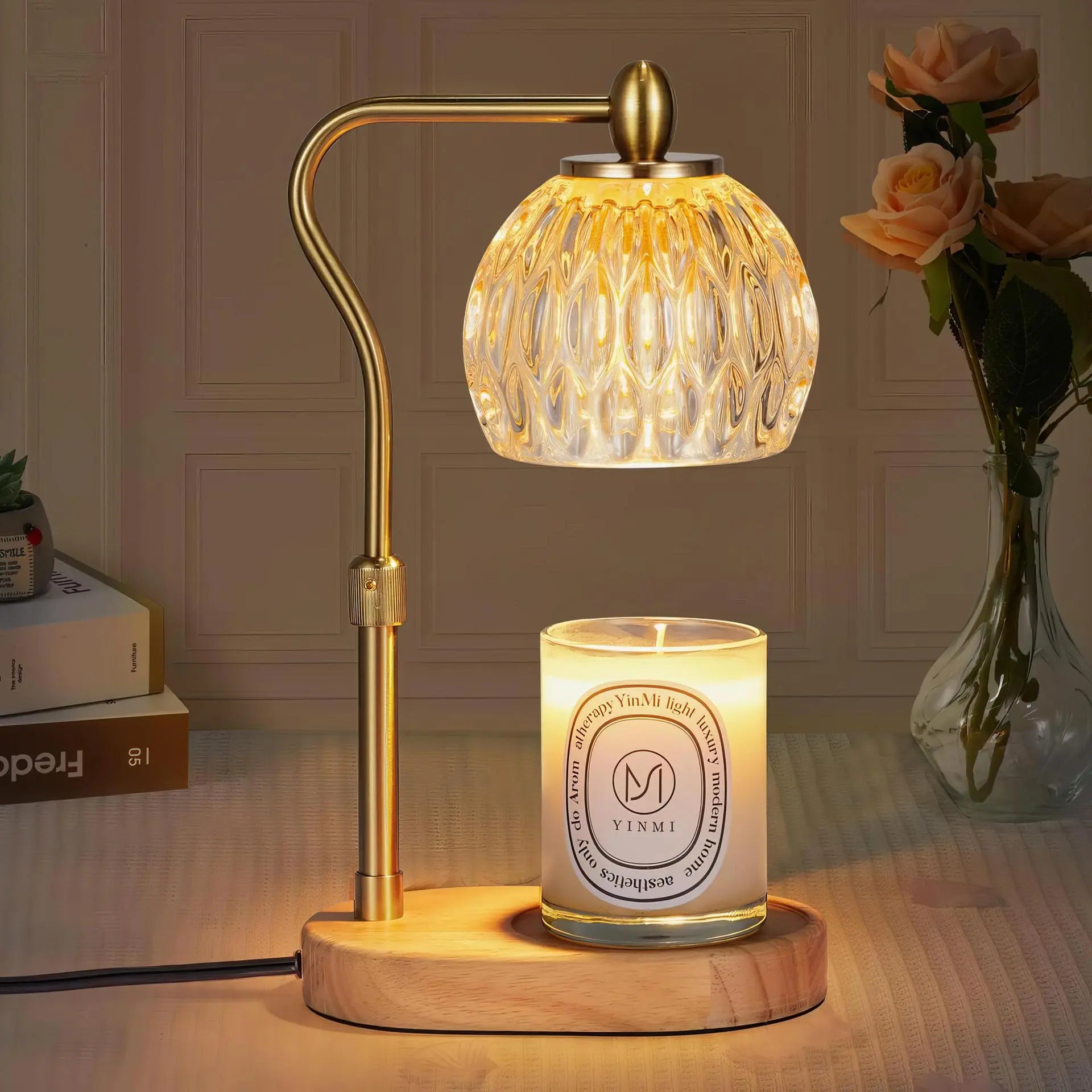 Adjustable Glass Candle Warmer Lamp with Timer & Dimmer, Wooden Base Wax Melt Lamp