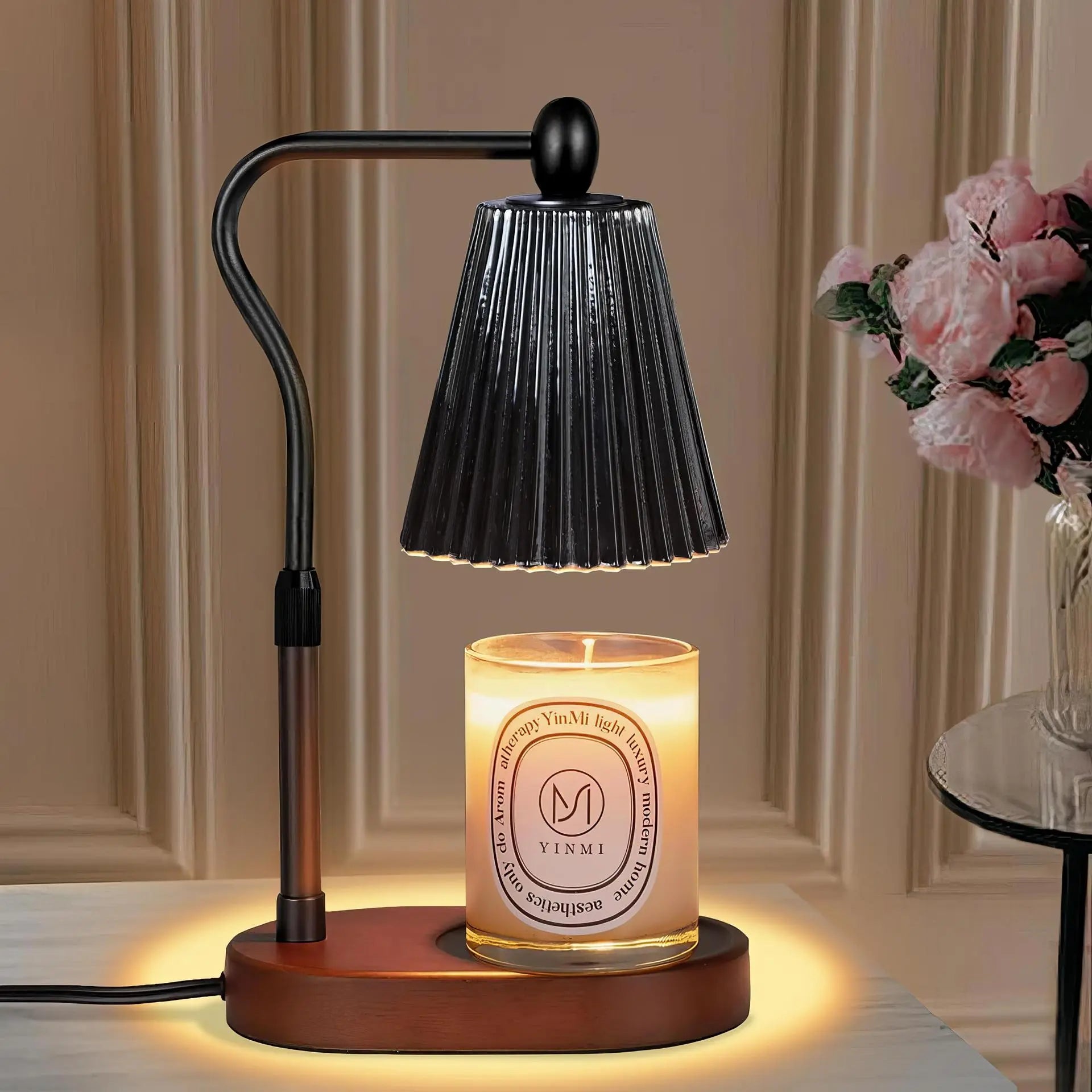 Adjustable Glass Candle Warmer Lamp with Timer & Dimmer, Wooden Base Wax Melt Lamp