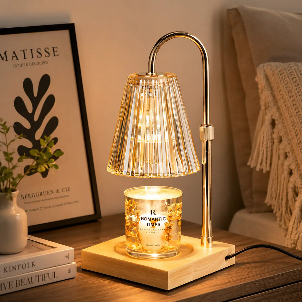 Adjustable Glass Candle Warmer Lamp with Timer & Dimmer, Wooden Base Wax Melt Lamp