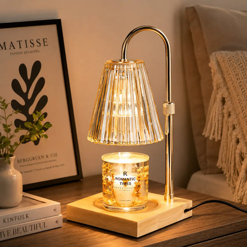 Adjustable Glass Candle Warmer Lamp with Timer & Dimmer, Wooden Base Wax Melt Lamp