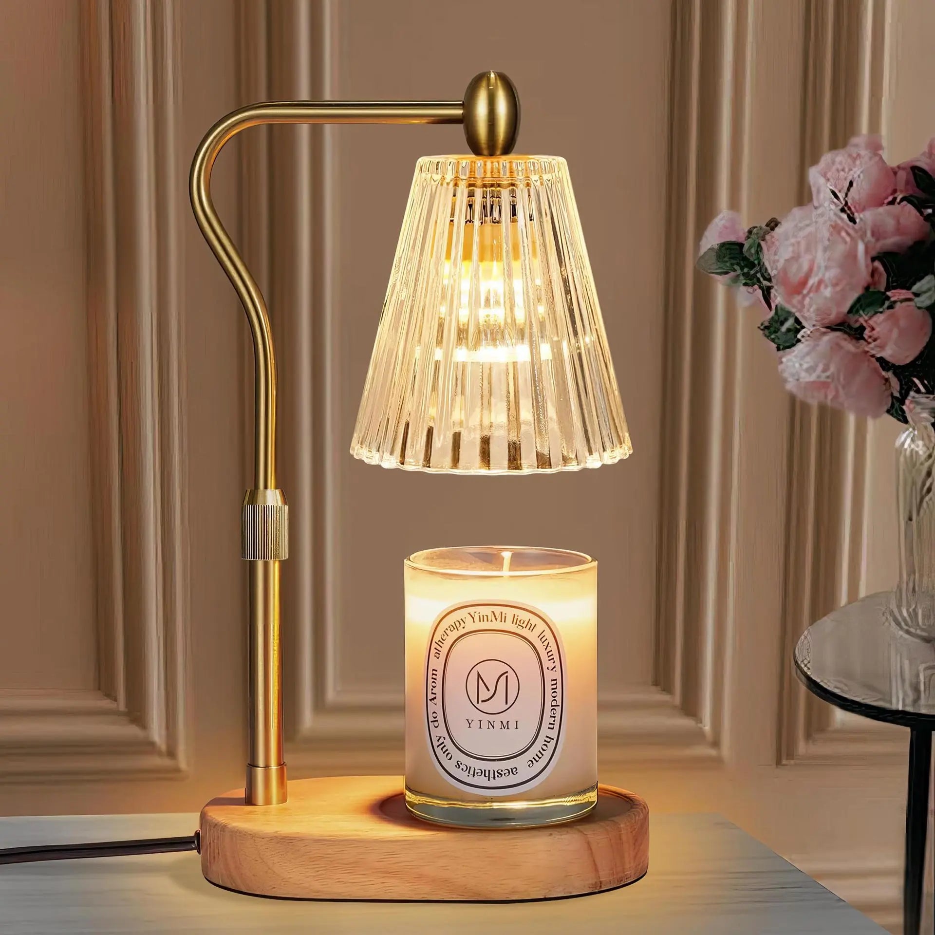 Adjustable Glass Candle Warmer Lamp with Timer & Dimmer, Wooden Base Wax Melt Lamp