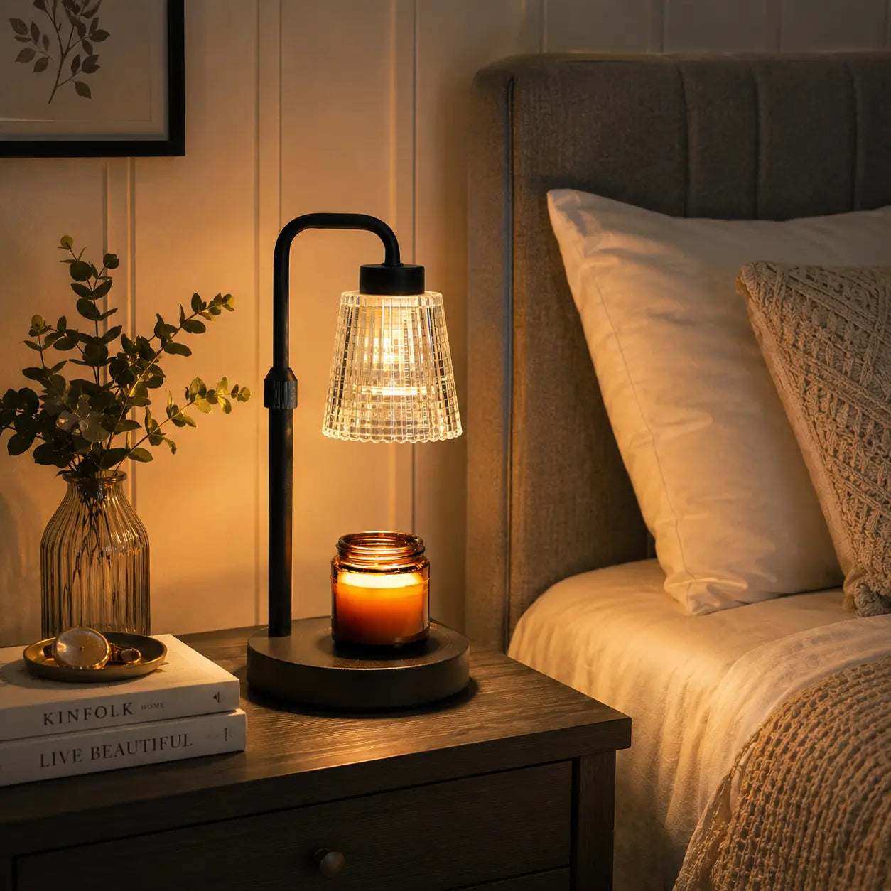 Adjustable Glass Candle Warmer Lamp with Timer & Dimmer, Wooden Base Wax Melt Lamp