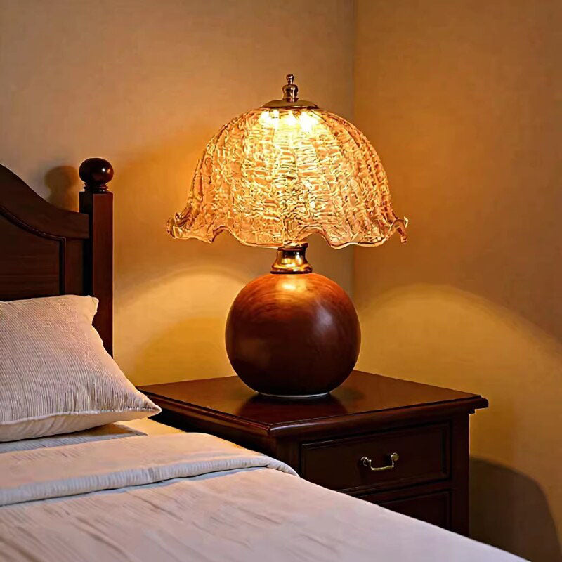 Vintage Cracked Glass Flower Shade Table Lamp with Walnut-Finish Base – 3 Color Modes &amp; Stepless Dimming