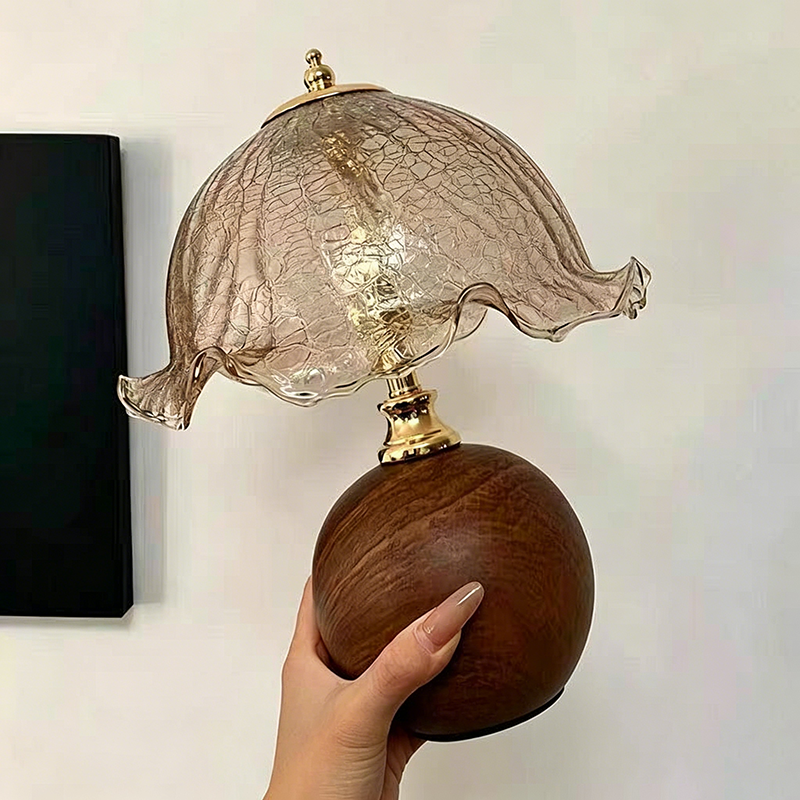 Vintage Cracked Glass Flower Shade Table Lamp with Walnut-Finish Base – 3 Color Modes &amp; Stepless Dimming