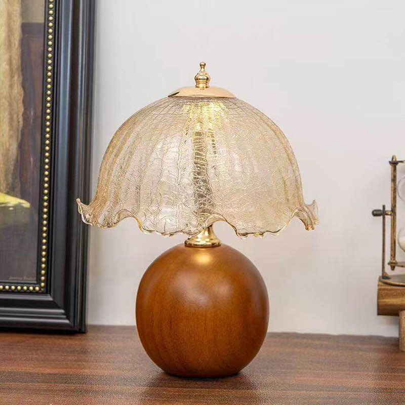 Vintage Cracked Glass Flower Shade Table Lamp with Walnut-Finish Base – 3 Color Modes &amp; Stepless Dimming