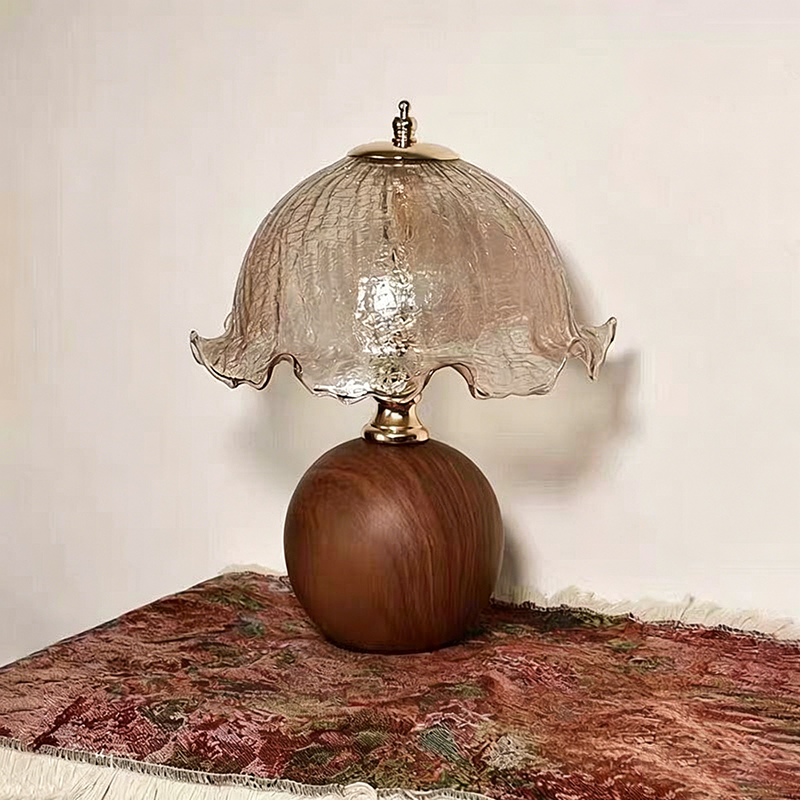 Vintage Cracked Glass Flower Shade Table Lamp with Walnut-Finish Base – 3 Color Modes &amp; Stepless Dimming