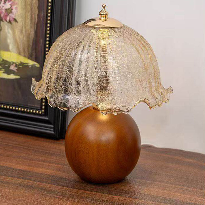 Vintage Cracked Glass Flower Shade Table Lamp with Walnut-Finish Base – 3 Color Modes &amp; Stepless Dimming