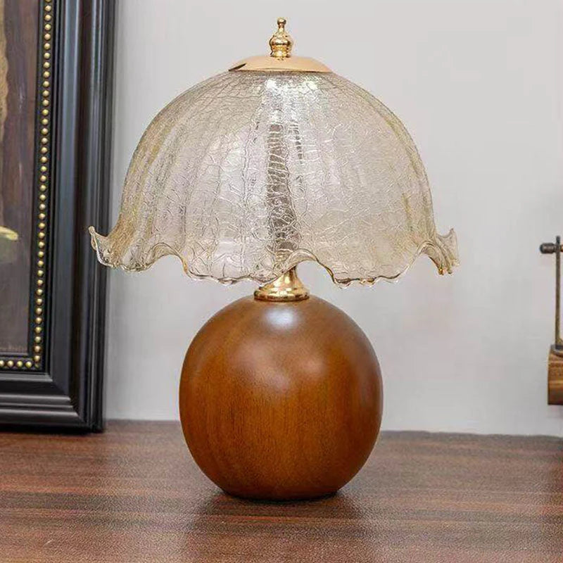Vintage Cracked Glass Flower Shade Table Lamp with Walnut-Finish Base – 3 Color Modes &amp; Stepless Dimming