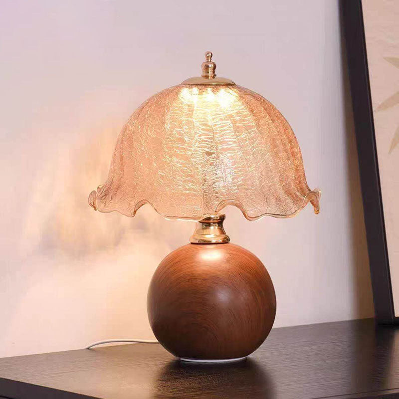 Vintage Cracked Glass Flower Shade Table Lamp with Walnut-Finish Base – 3 Color Modes &amp; Stepless Dimming
