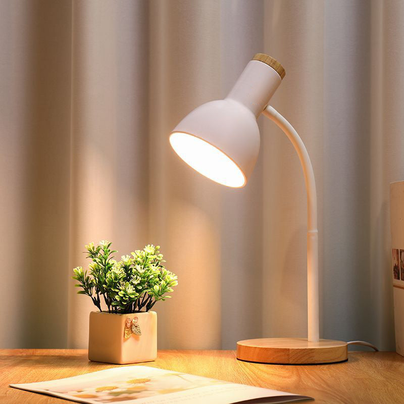 Modern Flexible Gooseneck LED Desk Lamp with Solid Wood Base, 3 Color Temperature Modes, E27 Socket, Bedside Reading Lamp