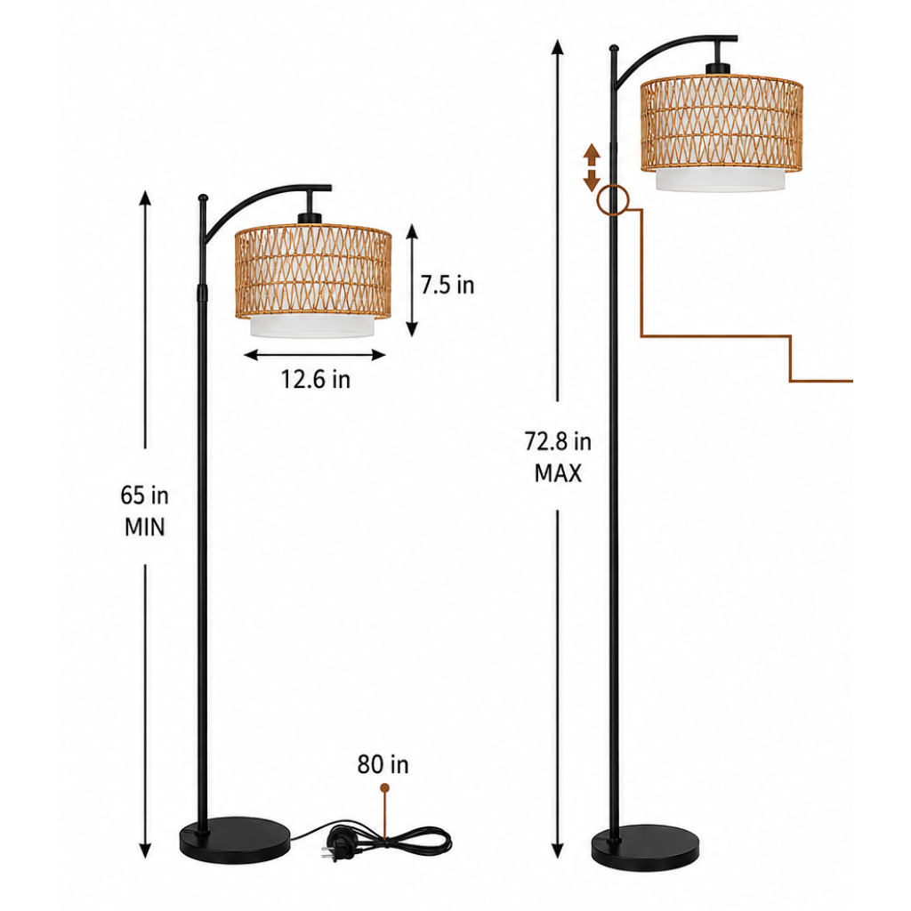 Handwoven Rattan Floor Lamp with Foot Switch, Farmhouse Boho Standing Lamp, 110V US Plug, Natural Wicker Living Room Floor Light