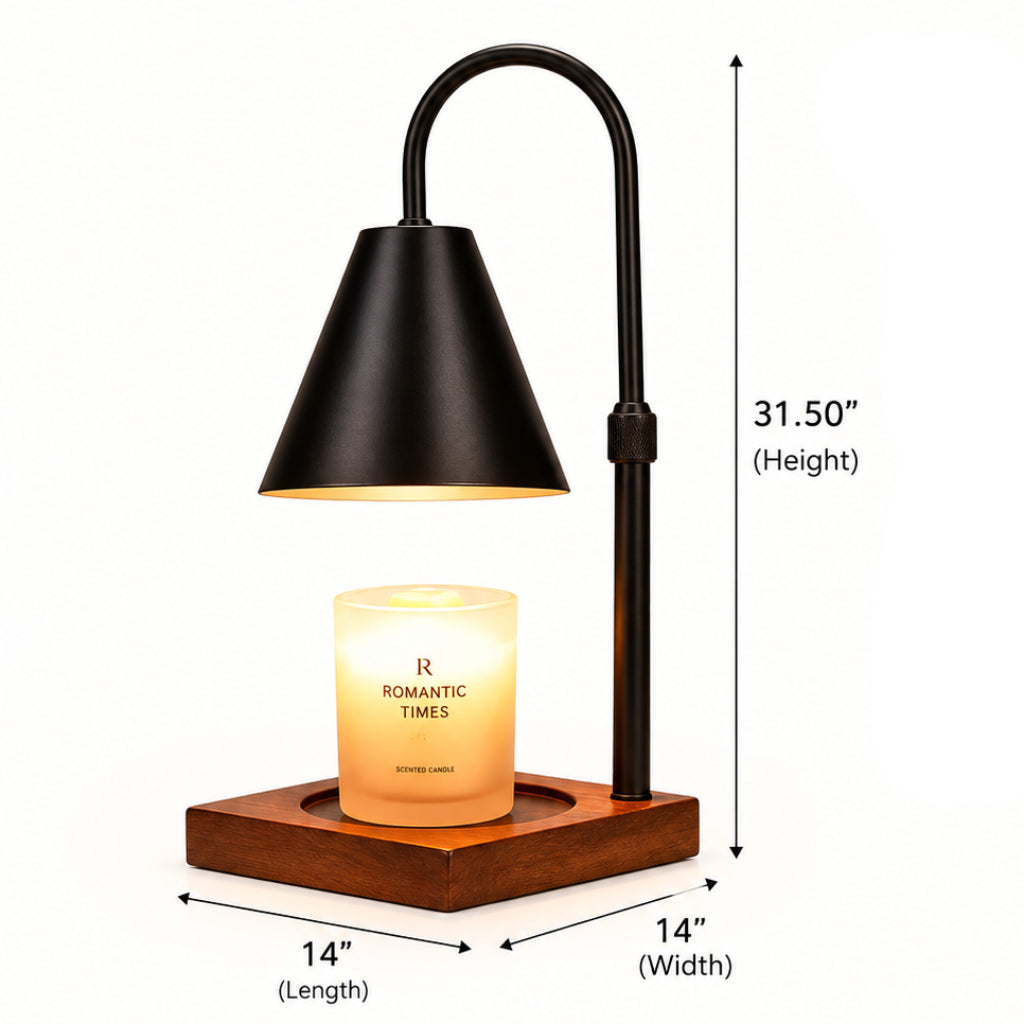 Candle Warmer Table Lamp with Black Cone Shade & Solid Wood Base Velumoza