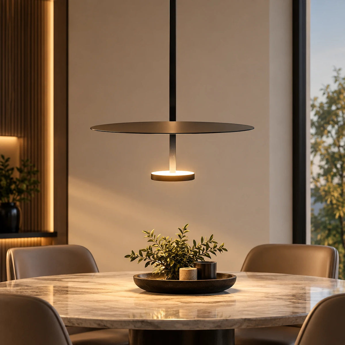 Minimalist Flying Saucer LED Pendant Lighting, Acrylic or Metal Disc Velumoza