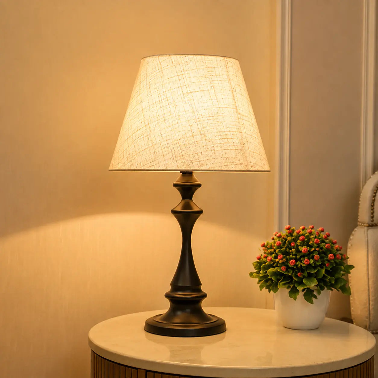 Modern European Style Bedside Table Lamp – Vintage Fabric Shade Night Light with US Plug & 110V Cord