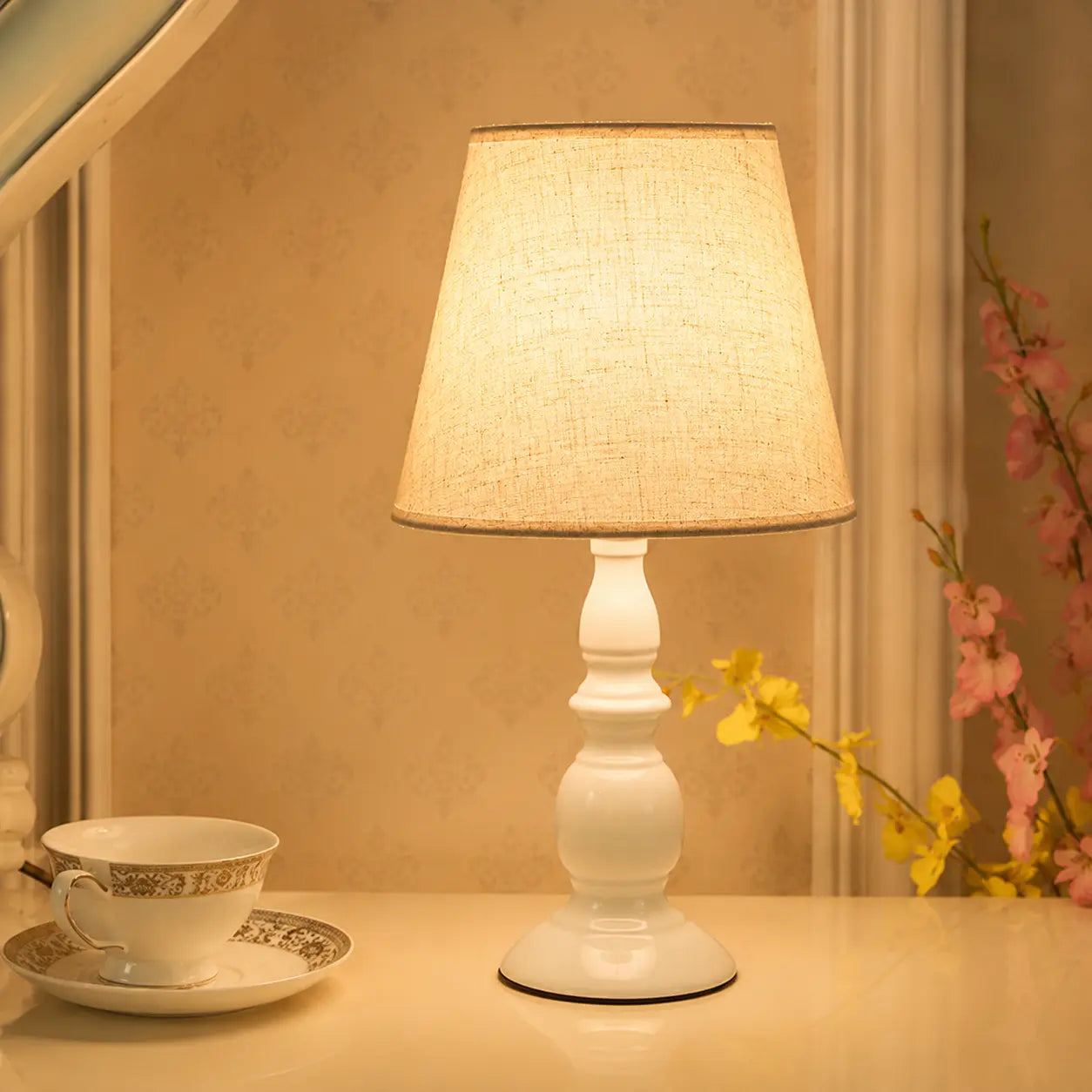 Modern European Style Bedside Table Lamp – Vintage Fabric Shade Night Light with US Plug & 110V Cord