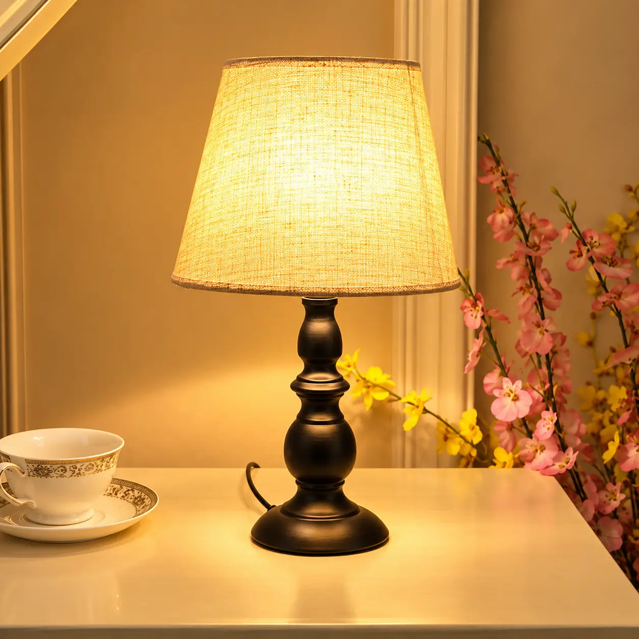 Modern European Style Bedside Table Lamp – Vintage Fabric Shade Night Light with US Plug & 110V Cord