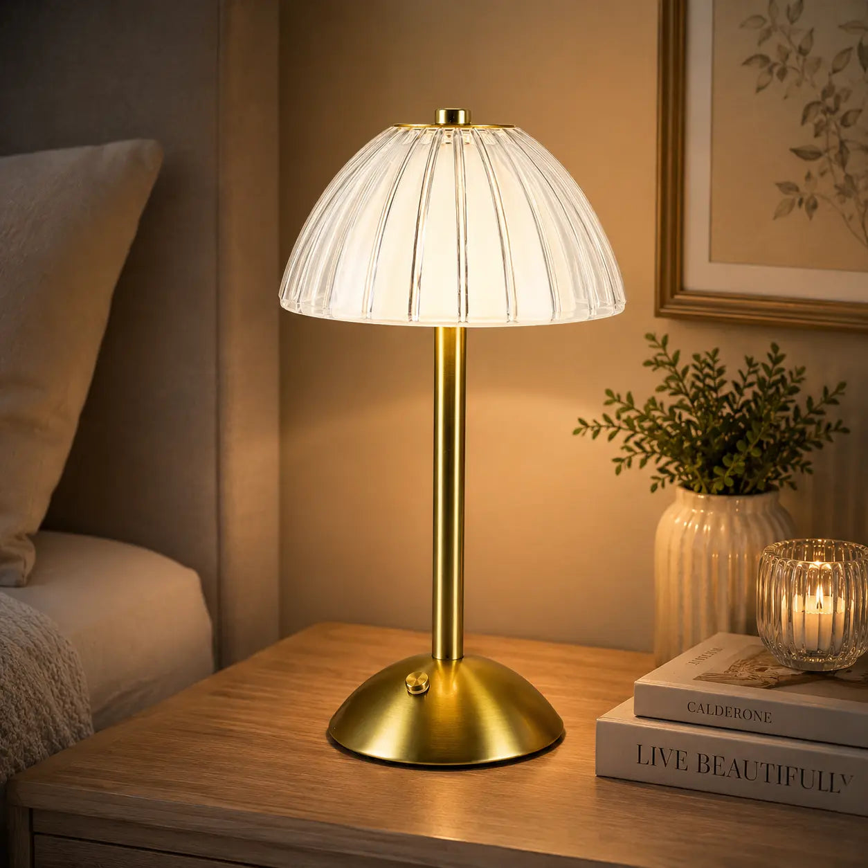 Modern Gold LED Desk Lamp – USB Rechargeable Touch Bedside Lamp with 3 Color Modes