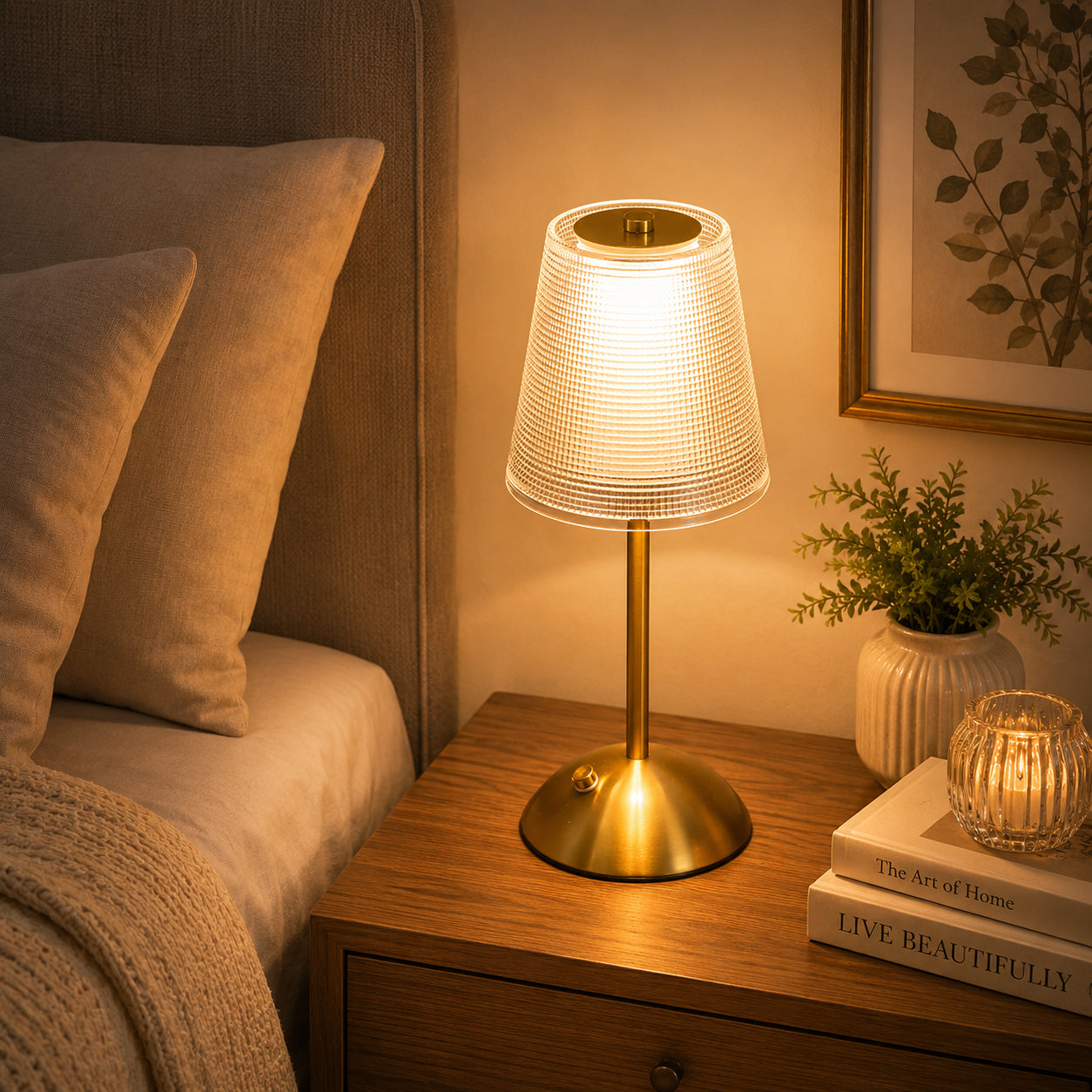 Modern Gold LED Desk Lamp – USB Rechargeable Touch Bedside Lamp with 3 Color Modes