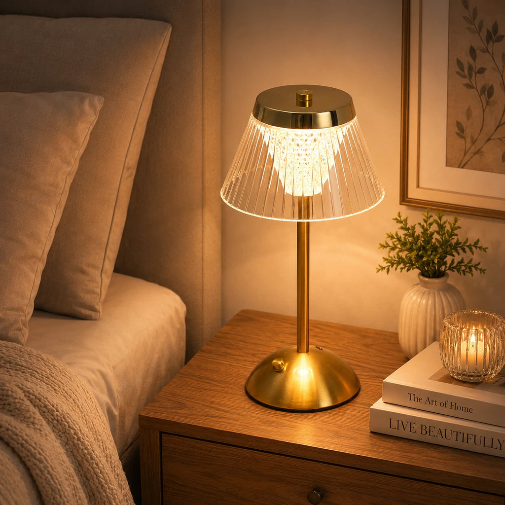 Modern Gold LED Desk Lamp – USB Rechargeable Touch Bedside Lamp with 3 Color Modes