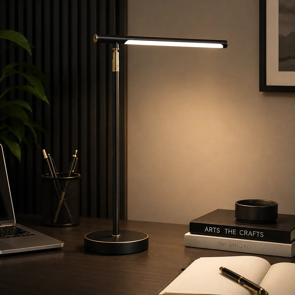 Modern Linear LED Desk Lamp, Adjustable Angle, Brushed Copper, Integrated 24W LED, 3 Color Temperatures
