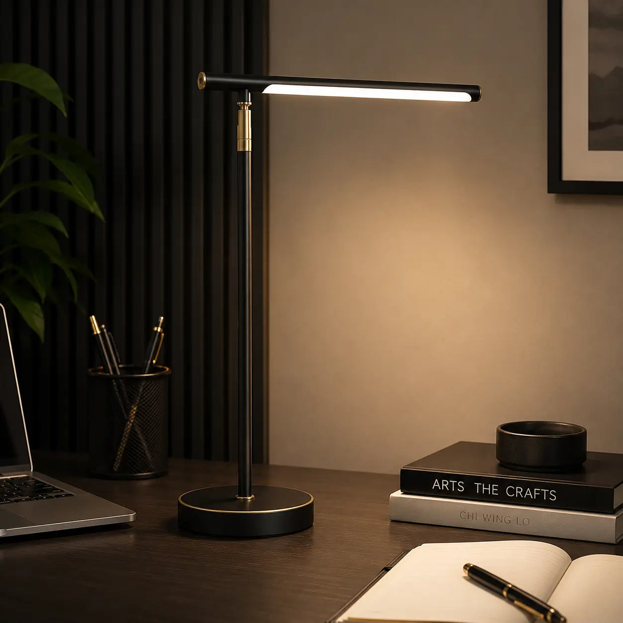 Modern Linear LED Desk Lamp, Adjustable Angle, Brushed Copper, Integrated 24W LED, 3 Color Temperatures