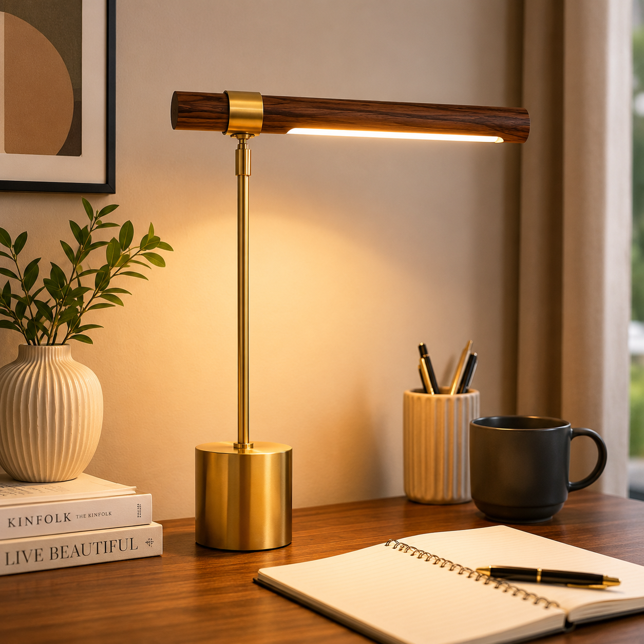 Modern Linear LED Desk Lamp with Wood & Brass Finish, USB Port
