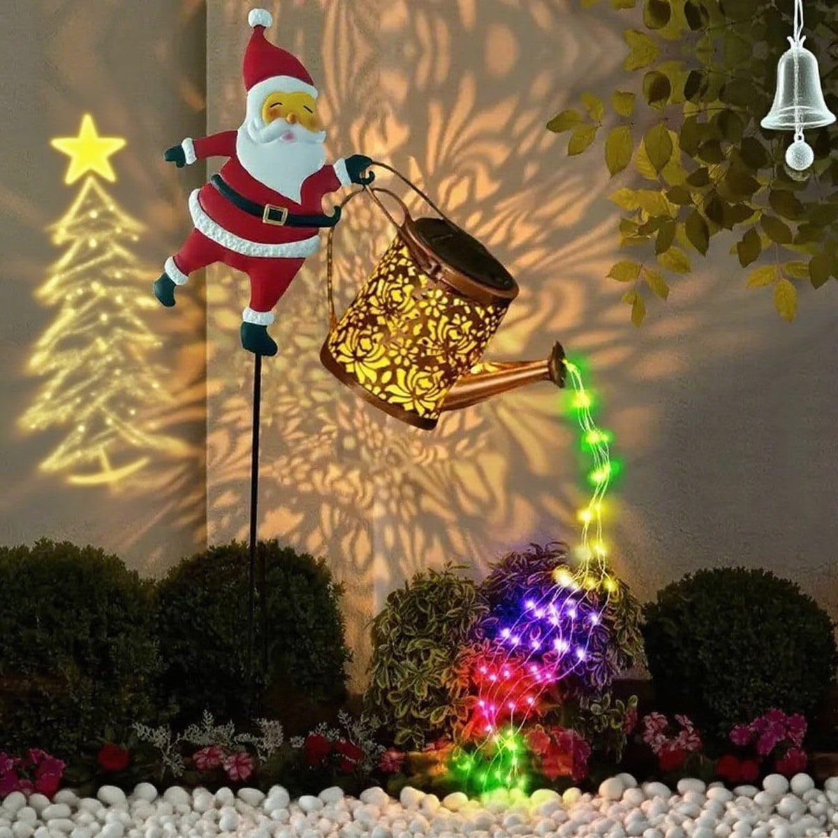 Santa Watering Can Solar Stake Light - Multicolor
