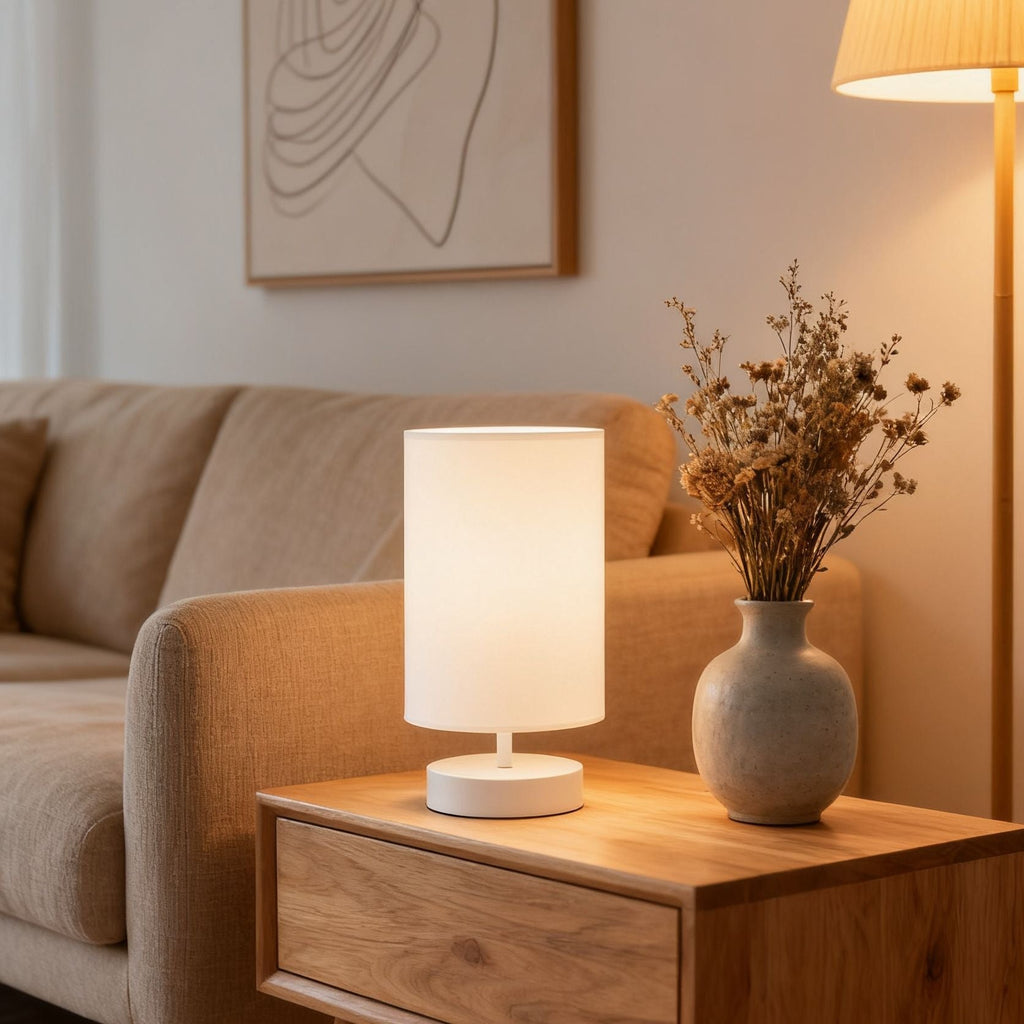 Nordic Fabric USB Table Lamp with 3-Color Dimming - Black or White Body, Khaki or Off-White Shade, Night Light Velumoza