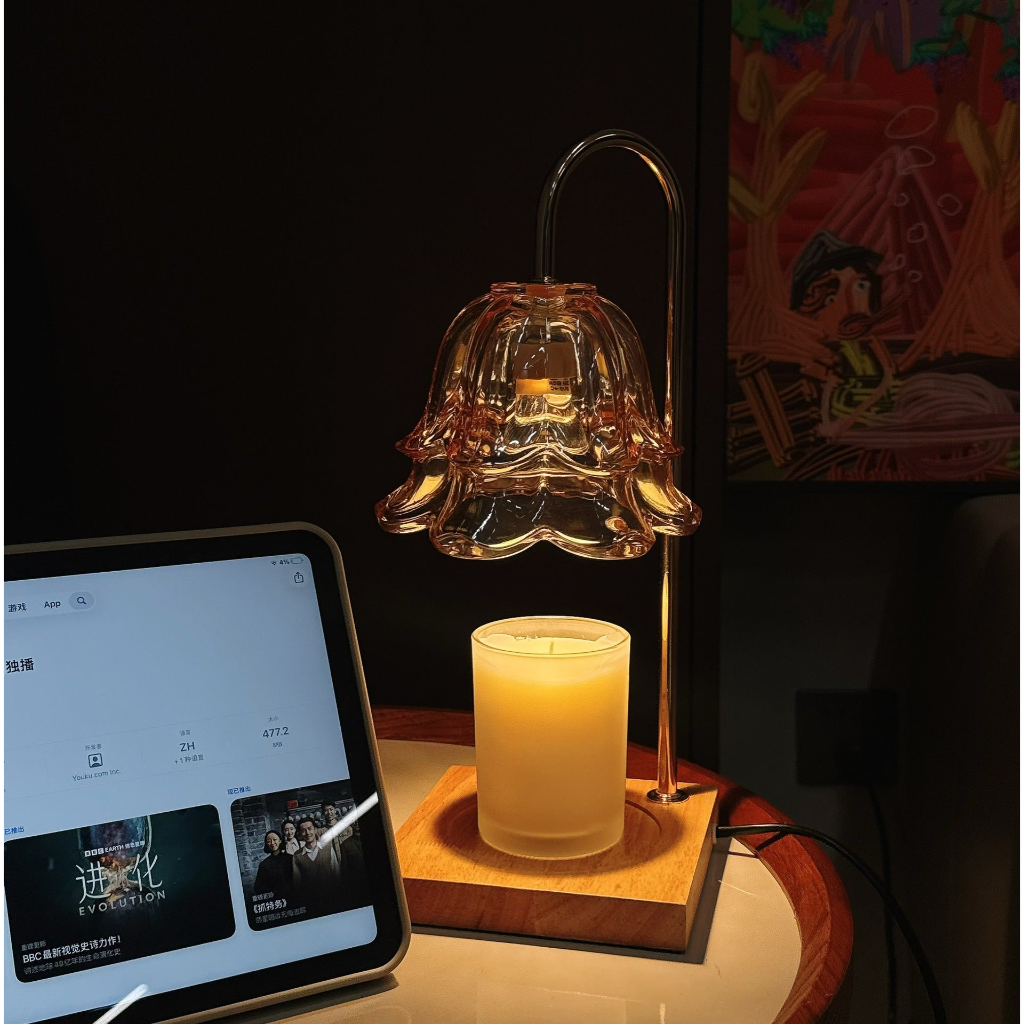 Candle Warmer Table Lamp with Bell Shade & Solid Wood Base Velumoza