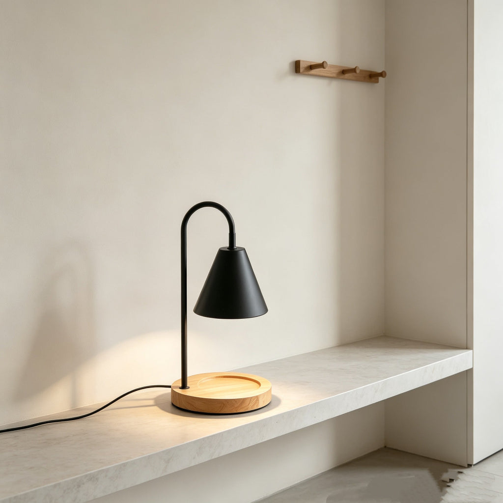 Candle Warmer Table Lamp with Dimmer, Metal Cone Shade & Wood Base Velumoza