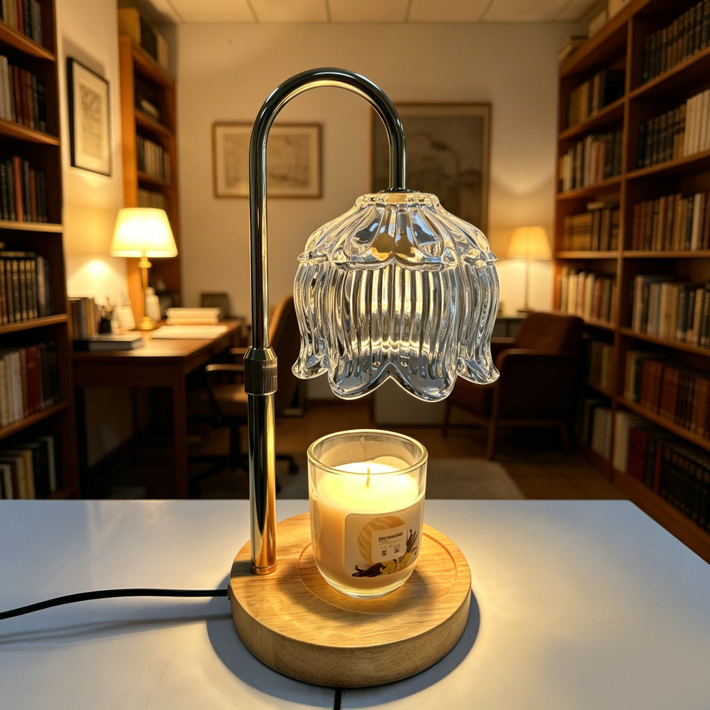 Candle Warmer Table Lamp with Tulip Shade & Solid Wood Base Velumoza