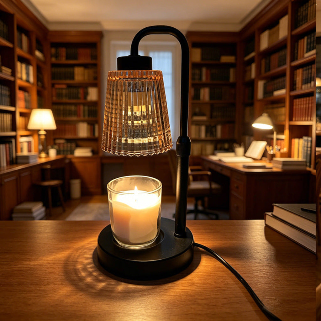 Candle Warmer Table Lamp with Amber Fluted Glass & Black Metal Arm Velumoza