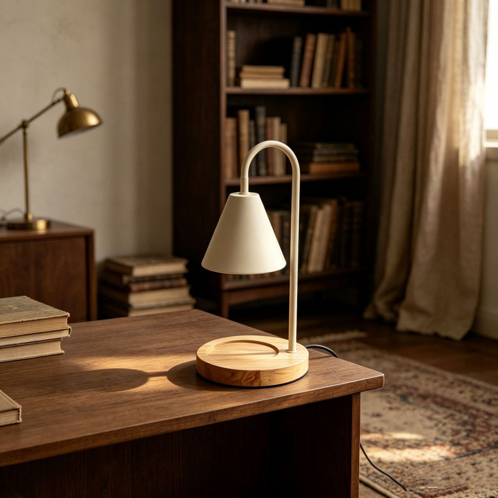 Candle Warmer Table Lamp with Dimmer, Metal Cone Shade & Wood Base Velumoza