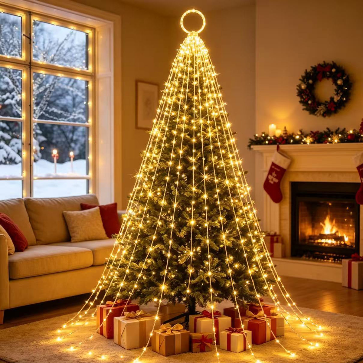 Cross-border LED waterfall lights, circular tree top lights, Christmas holiday atmosphere string lights, outdoor hanging tree decoration night light string Velumoza