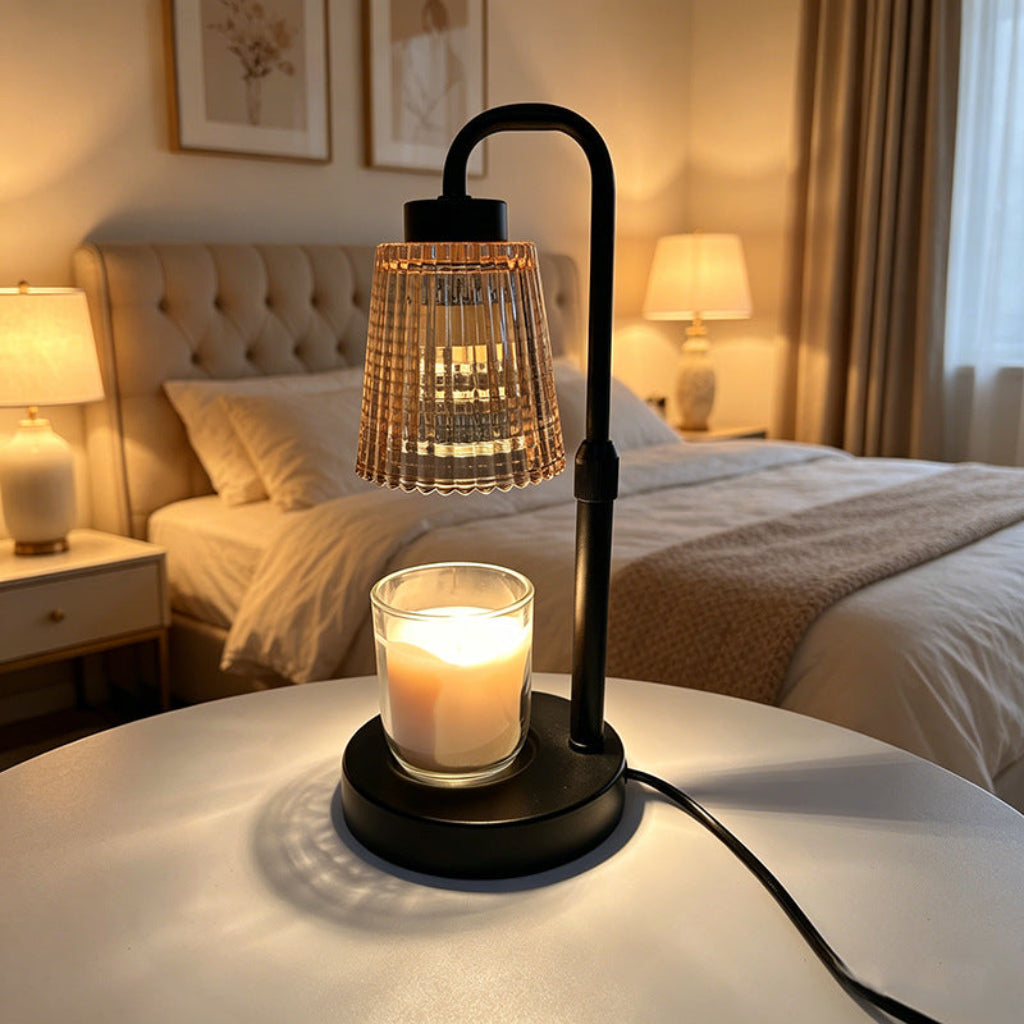 Candle Warmer Table Lamp with Amber Fluted Glass & Black Metal Arm Velumoza