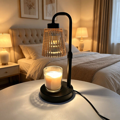 Candle Warmer Table Lamp with Amber Fluted Glass & Black Metal Arm Velumoza