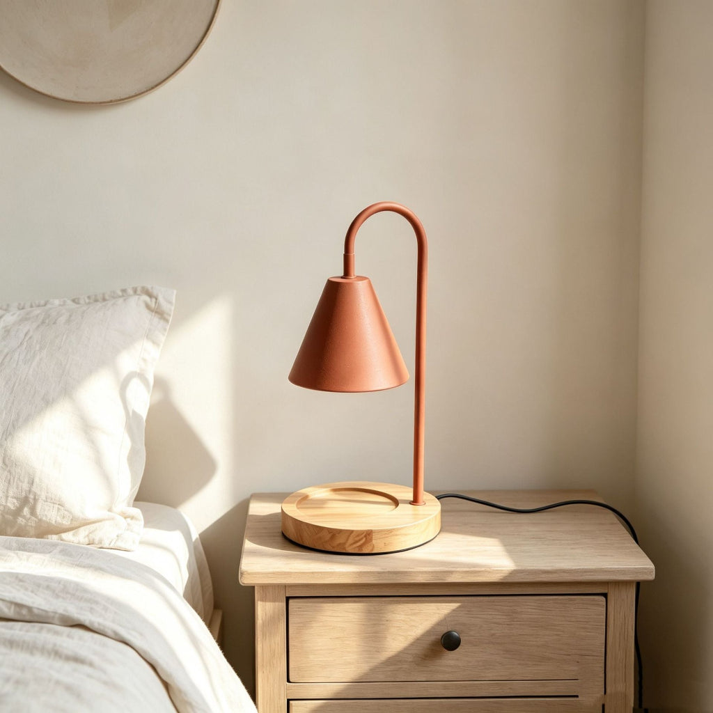 Candle Warmer Table Lamp with Dimmer, Metal Cone Shade & Wood Base Velumoza