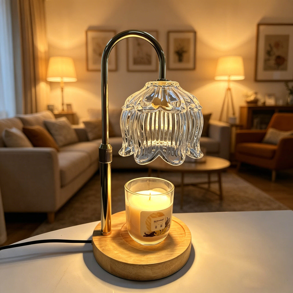 Candle Warmer Table Lamp with Tulip Shade & Solid Wood Base Velumoza
