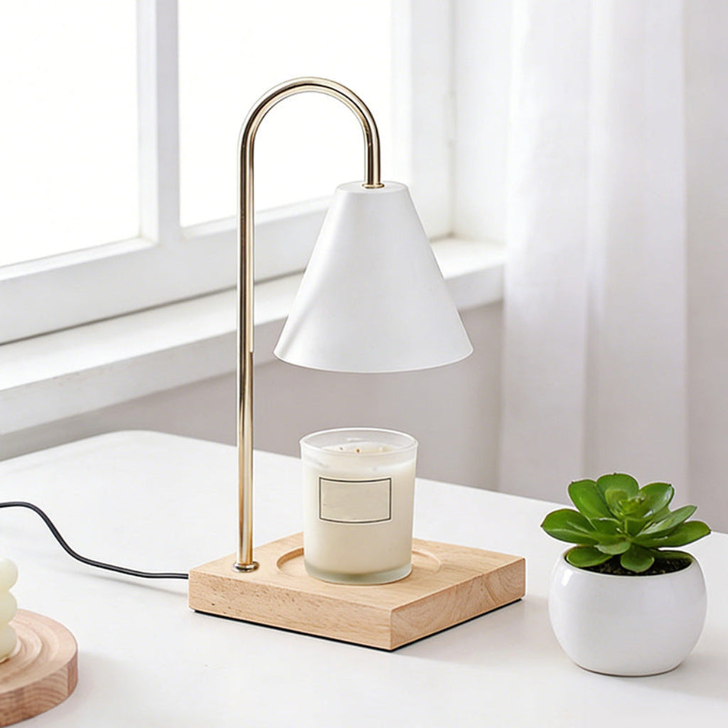 Candle Warmer Table Lamp with Square Solid Wood Base & Cone Shade Velumoza