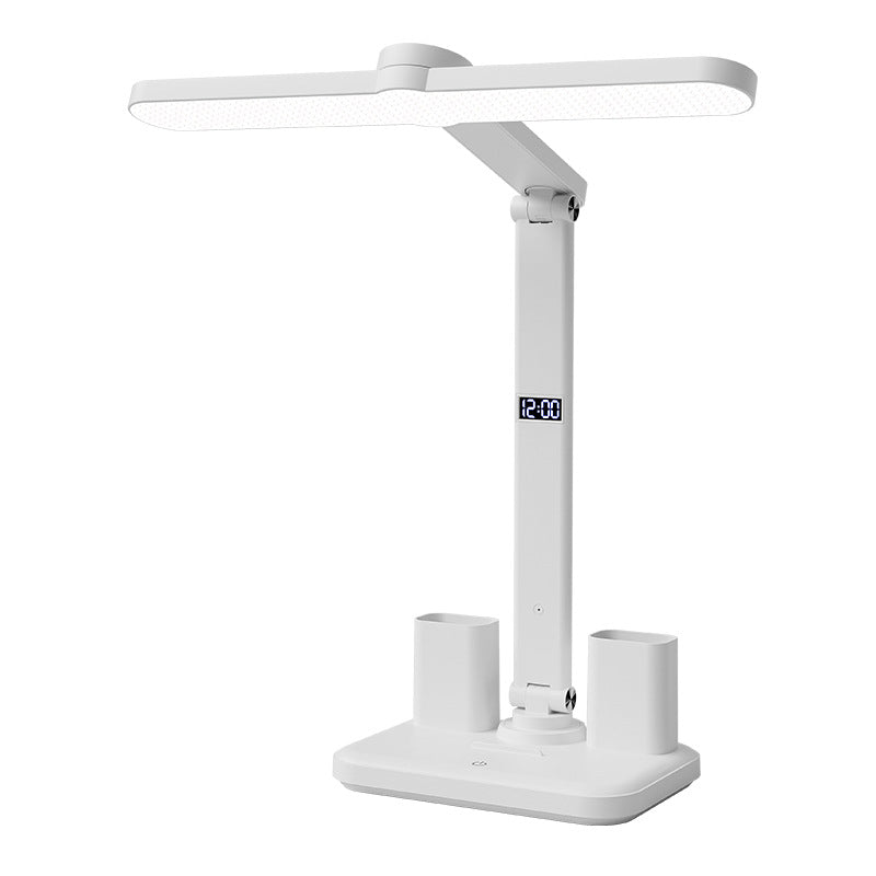 Children's desk lamp with pen holder, eye protection lamp, reading lamp with clock, suitable for college dormitory desks, rechargeable and plug-in Velumoza