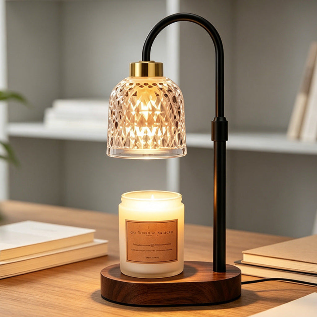Candle Warmer Table Lamp with Timer & Diamond-Pattern Glass Shade Velumoza