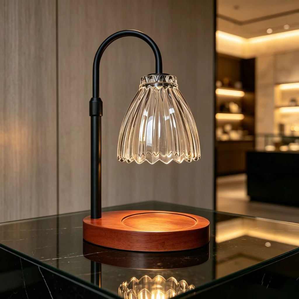 Candle Warmer Table Lamp with Fluted Glass Bell Shade & Dimmer Velumoza