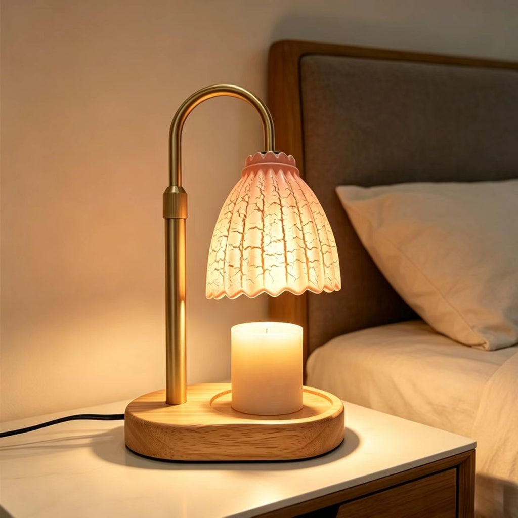 Candle Warmer Table Lamp with Fluted Glass Bell Shade & Dimmer Velumoza