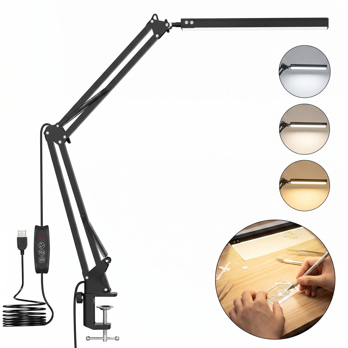 Long-Arm Foldable Eye-Protection Desk Lamp USB Portable Reading and Study Lamp Bedroom Bedside Clip Lamp Swing-Arm Supplementary Light Velumoza