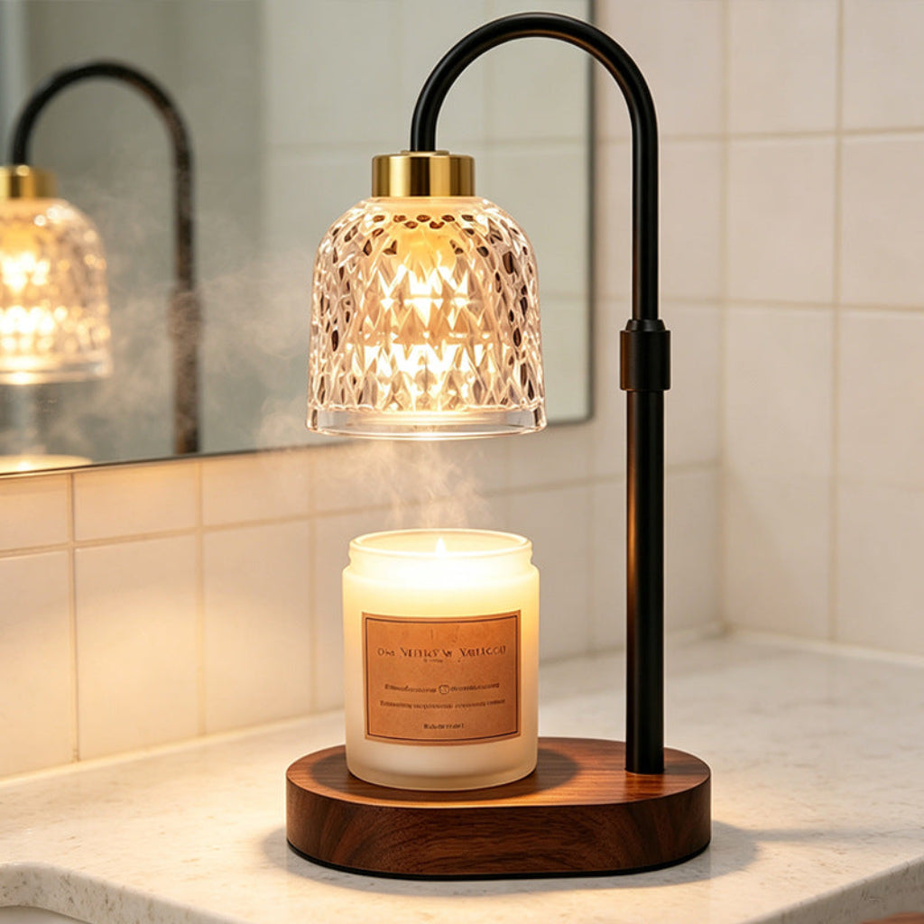Candle Warmer Table Lamp with Timer & Diamond-Pattern Glass Shade Velumoza