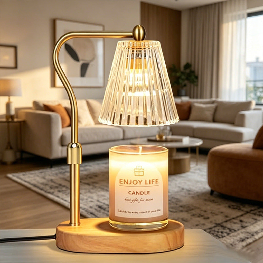 Candle Warmer Table Lamp with Adjustable Height & Ribbed Glass Shade Velumoza