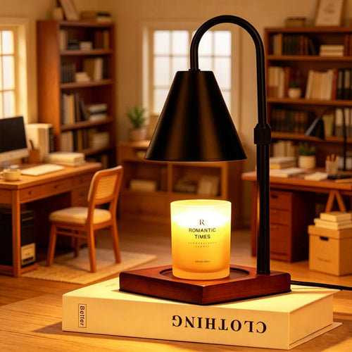 Candle Warmer Table Lamp with Black Cone Shade & Solid Wood Base Velumoza