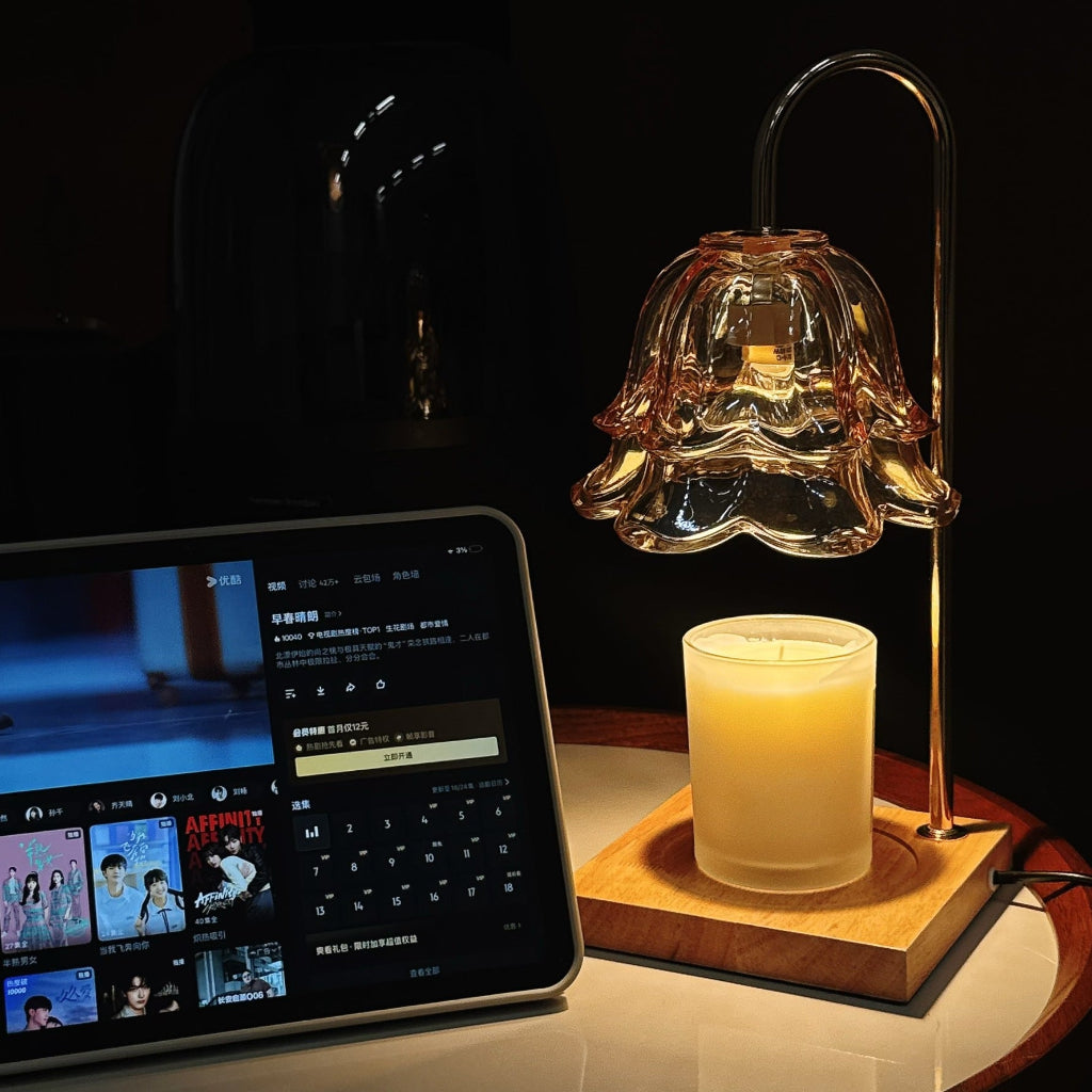 Candle Warmer Table Lamp with Bell Shade & Solid Wood Base Velumoza